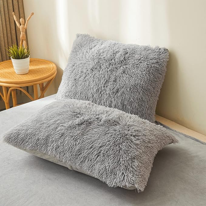 FOPPA Gray Fuzzy Plush Comforter Cover Set Queen - Ultra Soft Plush Gray Bedding Sets 3 Pieces (1 Faux Fur Duvet Cover + 2 Shaggy Pillow case) Fluffy Bed Set (Gray, Queen)