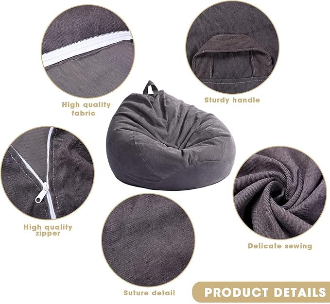 2 Pcs Bean Bag Cover Stuffed Animal Storage Bean Bag Chair Cover Soft Corduroy Stuffed Animal Bean Bag Storage for Kids Adults Indoor Bedroom Organizing Plush Toys(Dark Grey, 200L)