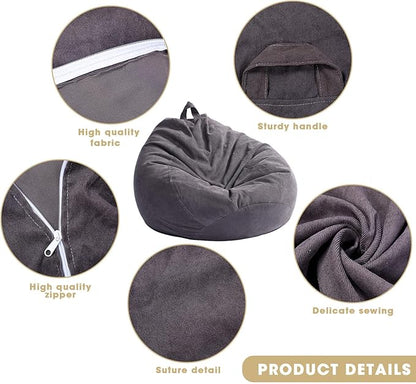 2 Pcs Bean Bag Cover Stuffed Animal Storage Bean Bag Chair Cover Soft Corduroy Stuffed Animal Bean Bag Storage for Kids Adults Indoor Bedroom Organizing Plush Toys(Dark Grey, 200L)