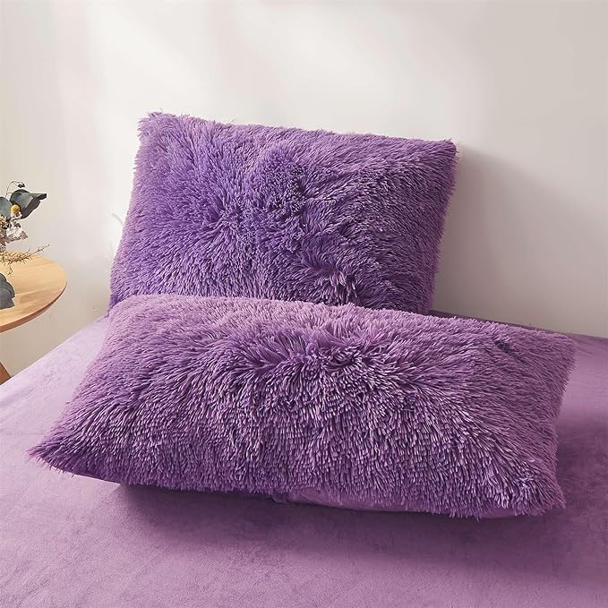 Fluffy dark purple comforters Cover twin size - Ultra Soft Plush red bedding Sets 2 Pieces (1 faux fur comforter Cover + 1 fuzzy pillow case) girls shaggy purple twin bed set (Dark purple, Twin)