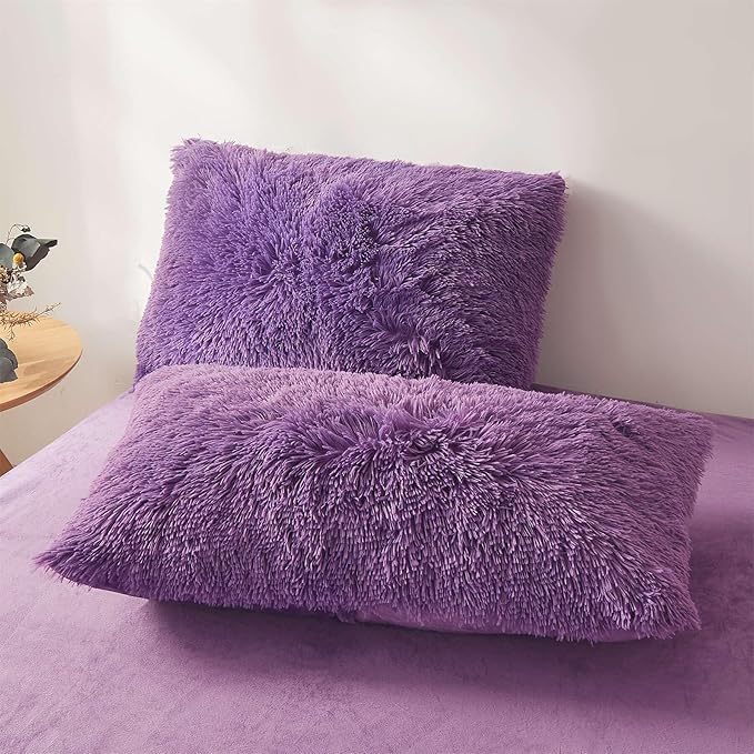 FOPPA Dark Purple fluffy Comforter Cover Set king- Ultra Soft fluffy Purple Bedding Sets 3 Pieces (1 Duvet Cover + 2 Pillow case) pink fluffy bed set (Dark Purple, King)