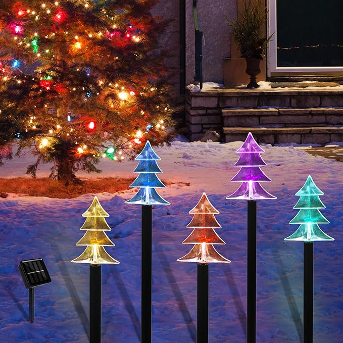 Christmas Solar Pathway Lights, Set of 5 Waterproof Landscape Christmas Lights, Stake Christmas Decorations, LED Lights for Yard Lawn Patio Walkway Decor (5PCS-Multi Colors-Tree)