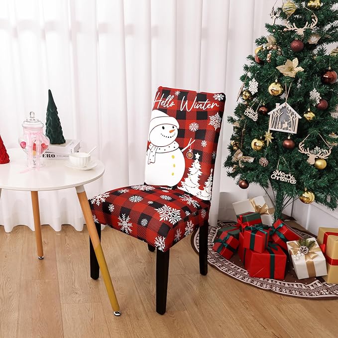 U'Artlines Christmas Chair Covers Set of 4, Removable Washable Merry Christmas Dining Chair Seat Covers Stretch Protector Slipcovers for Dining Room Kitchen Holiday Party Decor, Red Buffalo Plaid