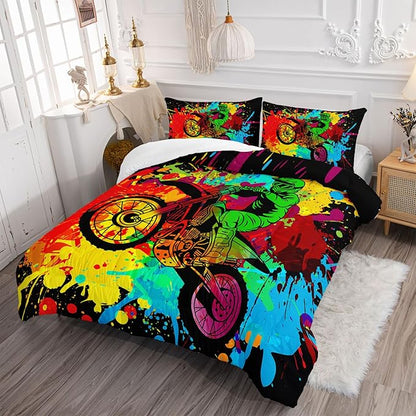 Axolotl Motocross Bedding Set Twin,Dirt Bike Comforter Set,Extreme Sports Bedding,Motorcycle Racer Comforter Set Motocross Comforter Motor Vehicles Biker for Boys Kids Teens Men,1 Quilt 2 Pillowcases