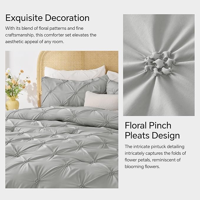 BEDELITE Grey King Size Comforter Set - 3 Pieces Boho Pintuck Bedding Comforter Sets, Lightweight Soft & Warm King Bedding Set with 2 Pillowcases for All Season