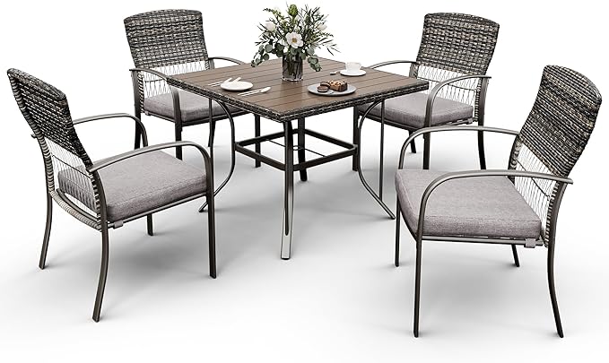 Pamapic Patio Table and Chairs Set, All-Weather Rattan Outdoor Table and Chairs with Removable Waterproof Cushions, Plastic-Wood Patio Dining Set for 4 with Umbrella Hole(Gray)