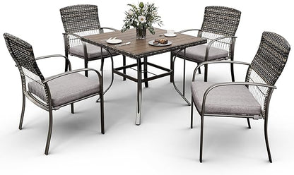 Pamapic Patio Table and Chairs Set, All-Weather Rattan Outdoor Table and Chairs with Removable Waterproof Cushions, Plastic-Wood Patio Dining Set for 4 with Umbrella Hole(Gray)