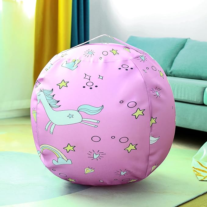 Stuffed Animal Storage Bean Bag Chairs Toy Storage Organizer Bean Bags Chair Covers Only for Kids 24" Beanbag with Zipper for Organizing Kid's and Adults Room, Pink White Unicorn