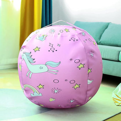 Stuffed Animal Storage Bean Bag Chairs Toy Storage Organizer Bean Bags Chair Covers Only for Kids 24" Beanbag with Zipper for Organizing Kid's and Adults Room, Pink White Unicorn