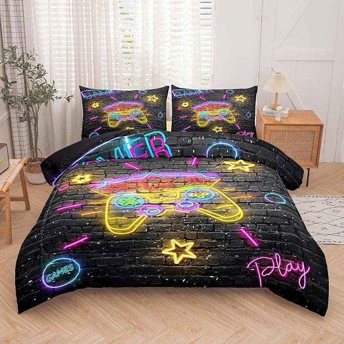 Boys Full Size Bedding Set, Gaming Comforter Sets for Boys, Gamer Bedding Sets for Boys Teens, Neon Kids Bedding Set, Gaming Room Decor for Boys Bedroom(1 Comforter +2 Pillowcases)