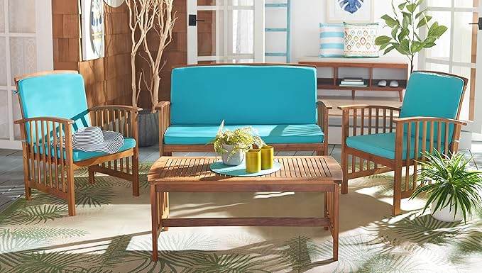SAFAVIEH Outdoor Collection Rocklin Natural/ Aqua Cushion 4-Piece Conversation Patio Set