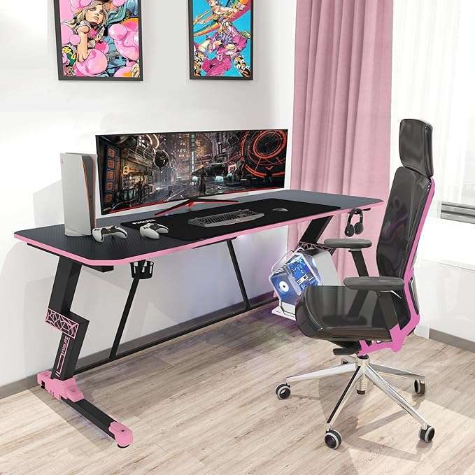 63 Inch Gaming Desk, with Carbon Fiber Surface, Lightning-Shaped PC Computer Table, with Headphone Holder, Cup Holder, Cable Management Box, Gaming Table for Gamer, Black&Pink