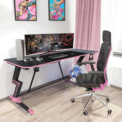 63 Inch Gaming Desk, with Carbon Fiber Surface, Lightning-Shaped PC Computer Table, with Headphone Holder, Cup Holder, Cable Management Box, Gaming Table for Gamer, Black&Pink