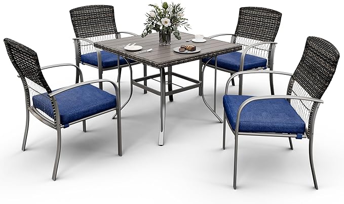 Pamapic Patio Table and Chairs Set, All-Weather Rattan Outdoor Table and Chairs with Removable Waterproof Cushions, Plastic-Wood Patio Dining Set for 4 with Umbrella Hole(Blue)