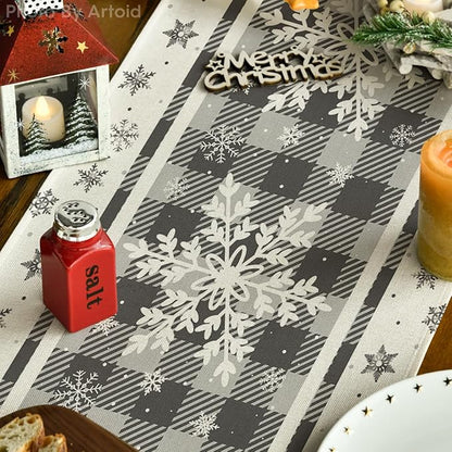 Artoid Mode Grey Buffalo Plaid Snowflakes Christmas Table Runner, Seasonal Winter Kitchen Dining Table Decoration for Home Party Decor 13x72 Inch