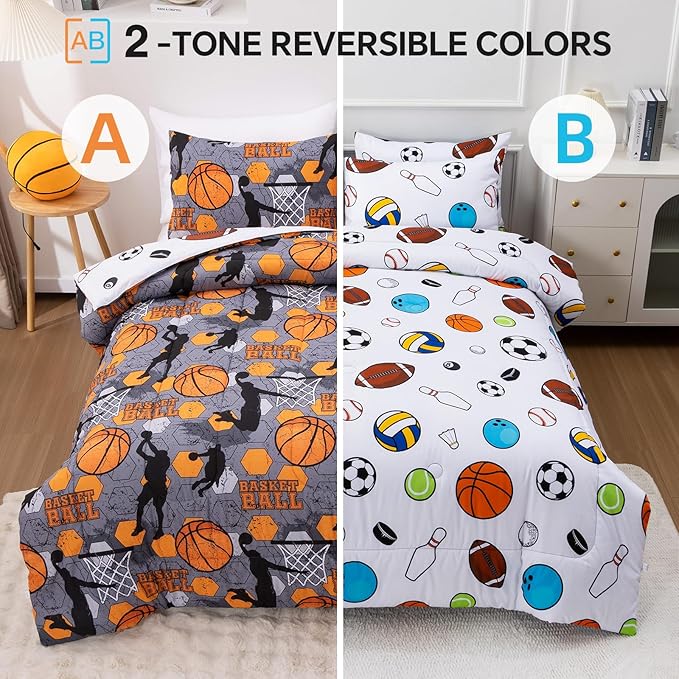 Btargot 3 Piece Grey Geometric Basketball Comforter Set Twin for Boys Teens, 3D Sports Bedding,Soft Microfiber Reversible Quilt with 2 Matching Pillow Shams, Yellow