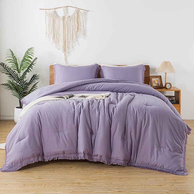 Andency Grayish Lavender Purple Comforter Set Queen, Boho Tassel Lightweight Bedding Comforter Sets, 3 Pieces All Season Soft Fluffy Fringe Bed Set (90x90In Comforter & 2 Pillowcases)