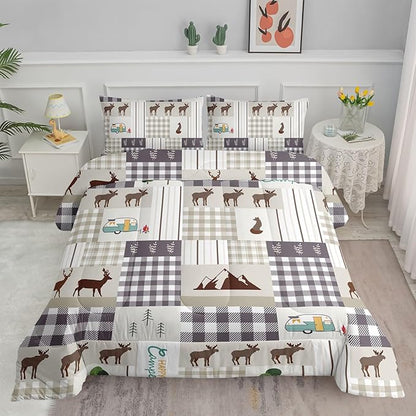 Datura home Happy Camper Comforter Set Rustic Lodge and Camper Deer Printed Quilt Bedding Set with 1 Comforter and 2 Pillowcases for Boys and Girls Bedroom All Season(Camper Queen)