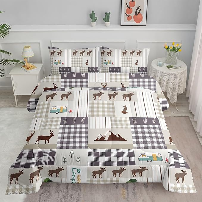 Datura home Happy Camper Comforter Set Rustic Lodge and Camper Deer Printed Quilt Bedding Set with 1 Comforter and 2 Pillowcases for Boys and Girls Bedroom All Season(Camper Twin)