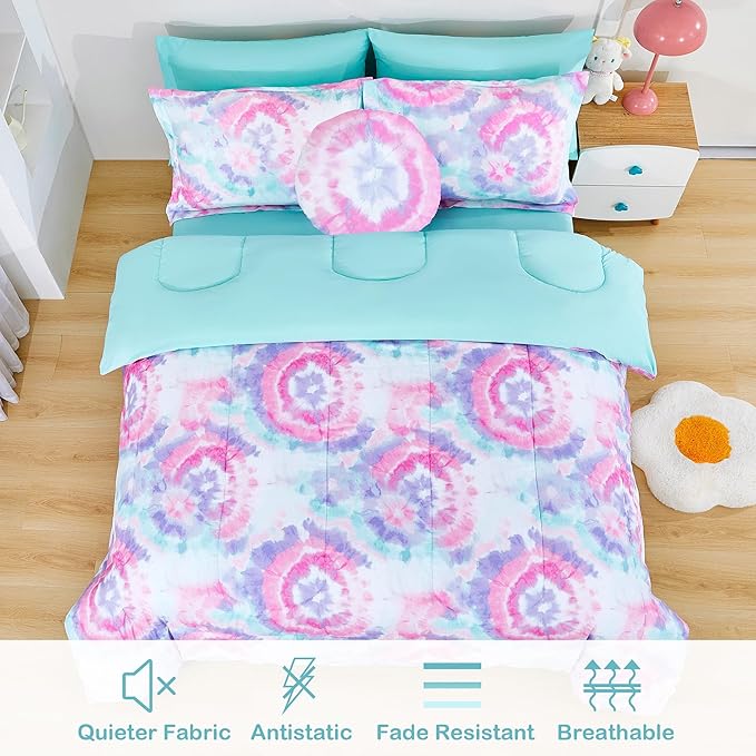 Mooreeke Tie Dye Kids Comforter Bed Set Full Size for s Girls, 8 Pieces Bed in a Bag with Shams, Sheet Set, A Toy Pillow Dark Pink Round Flower Full Soft Microfiber Kids Comforter Bedding Set