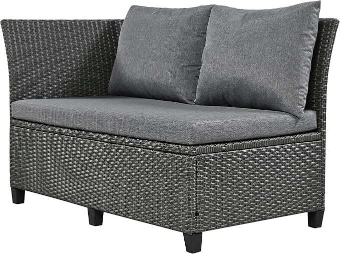 5-Piece Outdoor Patio Furniture Set with Dining Table&Bench, All-Weather PE Wicker Sofa w/2 Extendable SideTables&Cushions&Washable Covers, Rattan Conversation Couch for Backyard Yard, Gray