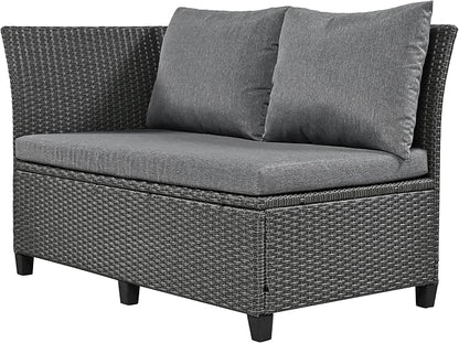 5-Piece Outdoor Patio Furniture Set with Dining Table&Bench, All-Weather PE Wicker Sofa w/2 Extendable SideTables&Cushions&Washable Covers, Rattan Conversation Couch for Backyard Yard, Gray