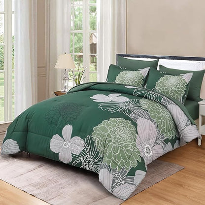 Yiran 7 Pieces Queen Floral Comforter Set,Emerald Green Bed in a Bag Flowers Comforter,Soft Microfiber Bedding Set with Comforter, Sheets, Pillowcases & Shams 90"×90"