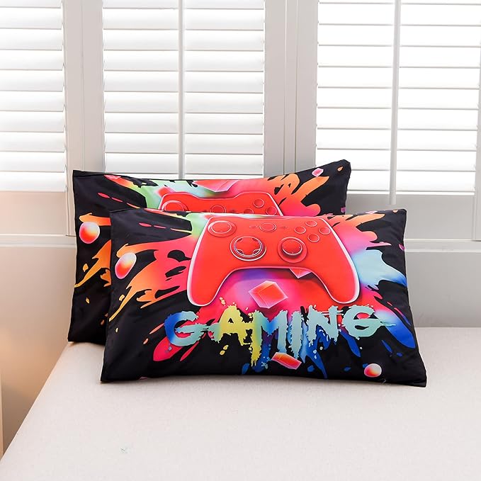 Aimuan Gaming Comforter Sets for Boys Kids Bedding Sets Video Games Console Action Buttons Novelty Colorful Game Gamepad Controller Modern Gamer Room Decor Home Quilt Set (Twin, Black)