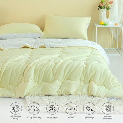 COTTEBED Reversible KING Bedding Comforter Set, Jersey Knit All Season Milk Cup Dual-Side Down Comforters, Super Soft Breathable Fluffy Lightweight Quilt & Pillow Shams(Yellow and White King/Cal King)