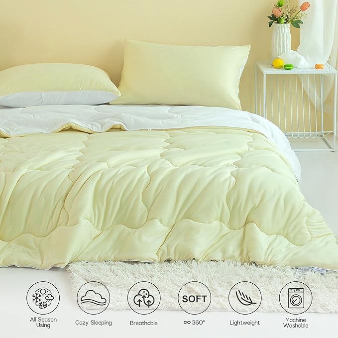 COTTEBED Reversible Queen Sized Bedding Comforter Sets - Cute Jersey Knit T-Shirt Feel Dual-Sided Full Down Comforters - Ultra-Soft Lightweight Quilt & 2 Pillow Shams All Season Use (Yellow and White)