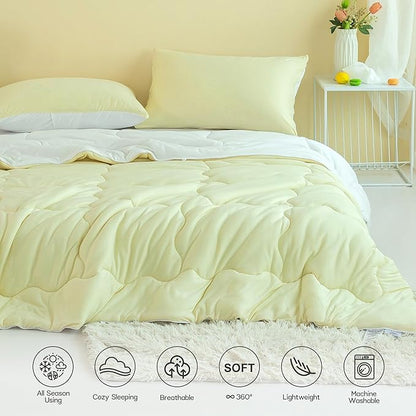 COTTEBED Reversible Queen Sized Bedding Comforter Sets - Cute Jersey Knit T-Shirt Feel Dual-Sided Full Down Comforters - Ultra-Soft Lightweight Quilt & 2 Pillow Shams All Season Use (Yellow and White)