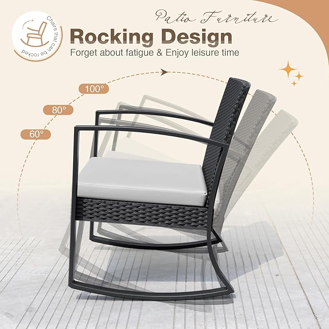 Greesum 3 Pieces Outdoor Furniture Set Patio Bistro Rocking Chairs with Glass Coffee Table for Pool Beach Backyard Balcony Porch Deck Garden, White