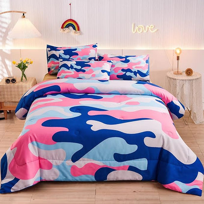 Meeting Story Camouflage Bedding Set, Colorful Pattern Style Queen Camouflage Comforter Set, 3 PCS 1 Comforter and 2 Pillowcases in 1 Bag, All Season Bedspread for Kids Teens Adults (Blue, Queen)