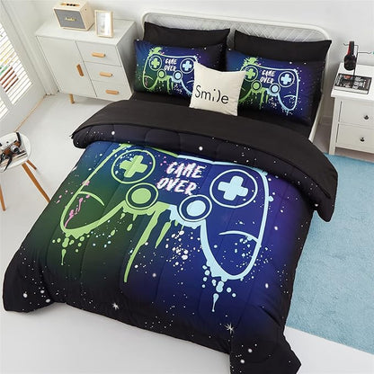 KAKKI Kids Gaming Bedding Sets Queen Size for Boys Teen, 5 Piece Bed in a Bag Gamer Comforter Set with Sheets, 3D Colorful Game Controller Comforter, All Season Soft Microfiber Bed Set(Blue,Queen)