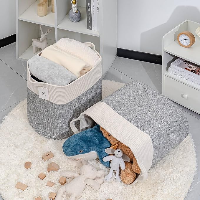 Large Cotton Tall Rectangle Small Laundry hamper Dog Toy Storage Baskets Woven Basket Bins Foldable Medium With Handle Toys and Fabric Storing Storage Silver Gray 2 Pack