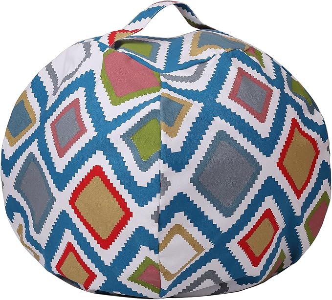 Colorful House Stuffed Animal Storage Bean Bag Chair Cover for Kids Stuffable Zipper Beanbag for Organizing Children Toys Large Canvas(26'',Square Pattern)