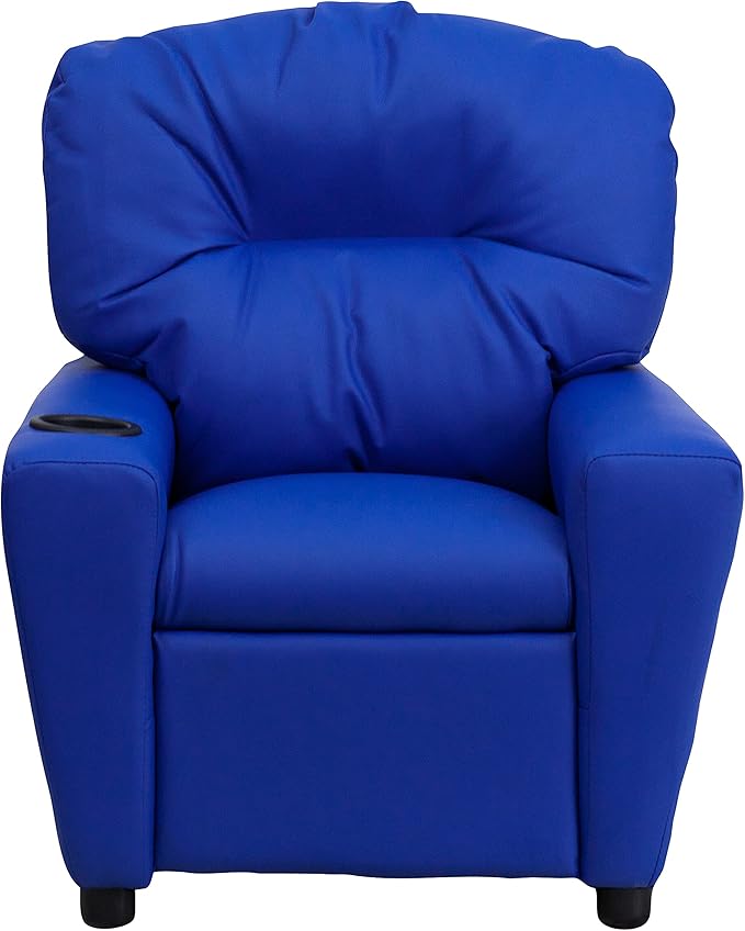 Flash Furniture Chandler Vinyl Kids Recliner with Cup Holder and Safety Recline, Contemporary Reclining Chair for Kids, Supports up to 90 lbs., Blue