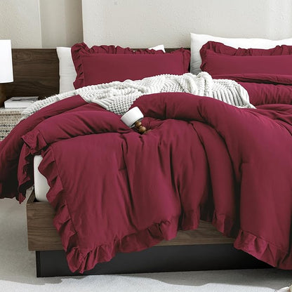 Andency Burgundy Comforter Set Full Size, 3 Pieces Solid Ruffle Shabby Chic Bedding Comforter Sets, All Season Lightweight Fluffy Soft Microfiber Bedding Set (79x90 Comforter & 2 Pillowcases)
