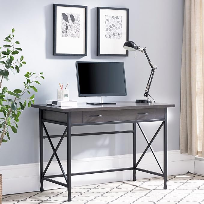 Leick Home 23400 Chisel & Forge Writing Computer Desk with Drop Front Keyboard Drawer, Smoke Gray and Matte Black