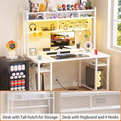 armocity 2024 Upgrade Gaming Desk with Hutch, 48'' Magic Computer Desk with LED Lights and Outlets, Reversible Workstation Desk with Pegboard and Monitor Stand, 48 Gamer Desk PC Table, White