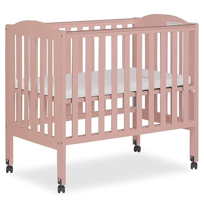 2-in-1 Portable Folding Stationary Side Crib in Dusty Pink, Greenguard Gold Certified, Two Adjustable Mattress Height Positions,Made of Solid Pinewood, Flat Folding Crib