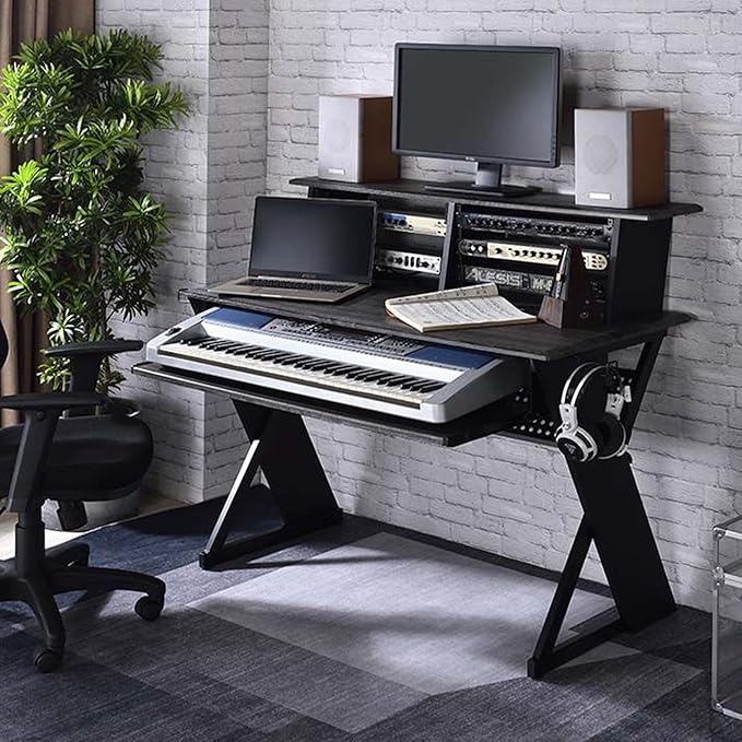 Acme Furniture Rectangular Music Desk Table with Earphone Rack, Black