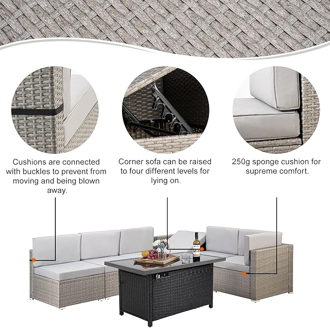 Pamapic 8 Pieces Patio Conversation Sets with fire Pit, Patio Furniture Sectional Sofa with Gas Fire Pit Table(Grey Wicker,Grey Cushions)