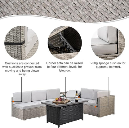 Pamapic 8 Pieces Patio Conversation Sets with fire Pit, Patio Furniture Sectional Sofa with Gas Fire Pit Table(Grey Wicker,Grey Cushions)