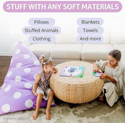 Butterfly Craze Bean Bag Chair Cover, Functional Toddler Toy Organizer, Fill with Stuffed Animals to Create a Jumbo, Comfy Floor Lounger for Boys or Girls, Stuffing Not Included, Purple Polka Dots