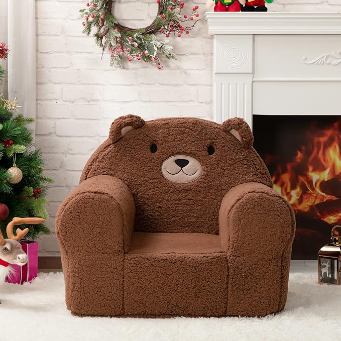 ALIMORDEN Kids Ultra-Soft Snuggle Foam Filled Chair, Toddler Cuddly Sherpa Sofa for Boys and Girls, Large Size Chair Better Support More Comfortable Experience, Caramel Bear