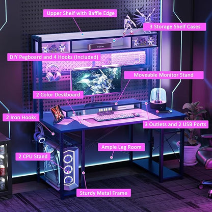 armocity 2024 Upgrade Gaming Desk with Hutch, 48'' Magic Computer Desk with LED Lights and Outlets, Reversible Workstation Desk with Pegboard and Monitor Stand, 48 Gamer Desk PC Table, White and Blue