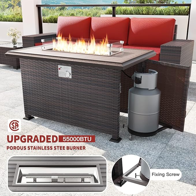 Kullavik 7 Pieces Outdoor Patio Furniture Set with 43" 55000BTU Gas Propane Fire Pit Table PE Wicker Rattan Sectional Sofa Patio Conversation Sets,Dark Red