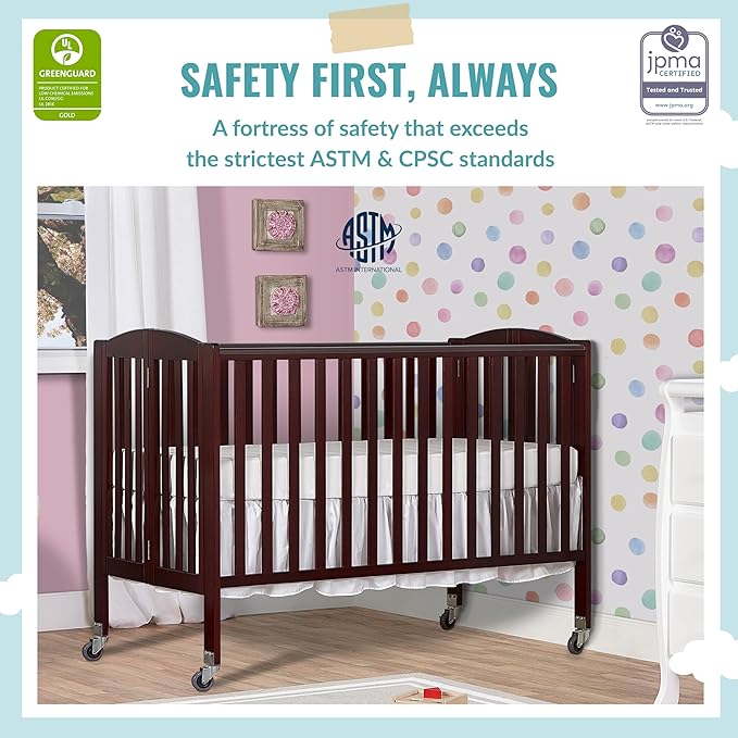 Folding Full Size Convenience Crib In Espresso, Two Adjustable Mattress Height Positions, Comes With Heavy Duty Locking Wheels, Flat Folding Crib