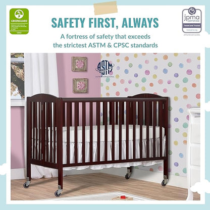 Folding Full Size Convenience Crib In Espresso, Two Adjustable Mattress Height Positions, Comes With Heavy Duty Locking Wheels, Flat Folding Crib